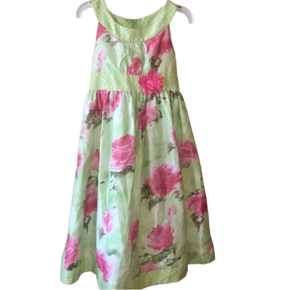 •BONNIE JEAN•GREEN & PINK FLORAL WITH POLKA DOT TRIM DETAIL DRESS SIZE 7 EUC - Picture 1 of 7